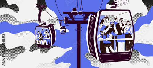People travel by cableway, standing inside cable cars, carriages. Tourists suspended in glass cabins, cablecars of ropeway. Aerial rope way transport at height in sky. Flat vector illustration