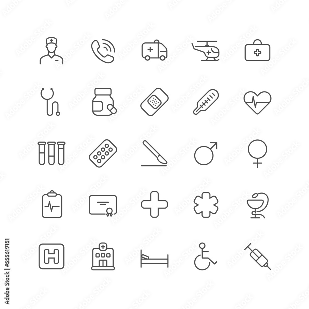 Outline icon collection for ui. Vector thin line illustration set. Health care, hospital, doctor and medicine symbols isolated on white background. Design element Outline icon collection for ui. Vector thin line illustration set. Health care, hospital, doctor and medicine symbols isolated on white background. Design element