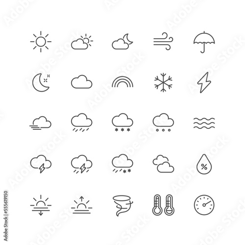 Outline icon collection for ui. Vector thin line illustration set. Weather forecast, precipitation, sun, rain, snow and storm symbol isolated on white background. Design element