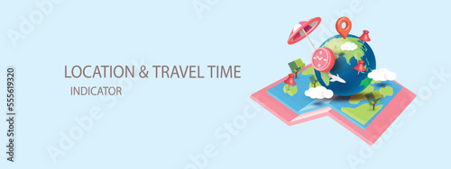 podium with phone internet online 3D World Map icon with pins navigator minimal pink travel vector checking points illustration concept destination plan cartoon