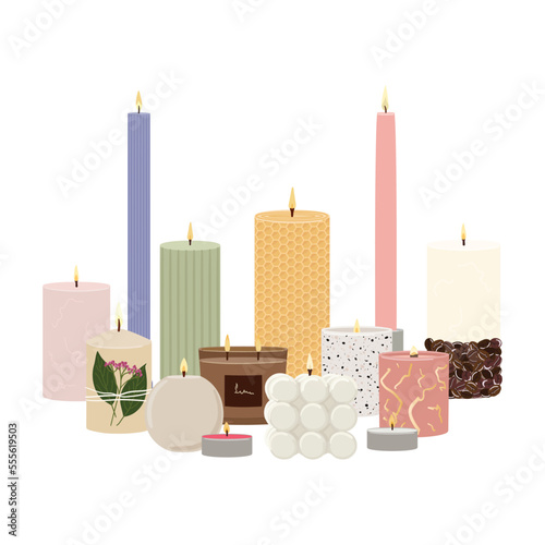 Set of scented burning candles stand together. Beeswax, paraffin, soy, coconut wax candles in jar and pillar.  Aroma candles collection. Zero waste eco gifts. Hand draw vector illustration