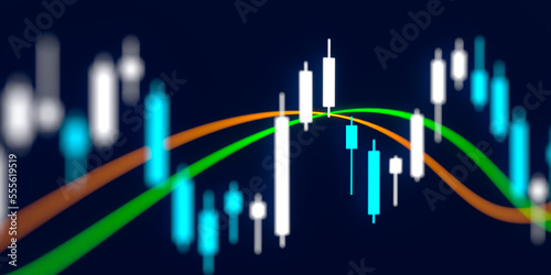 Stock exchange chart with lines moves up and down. Close-up stock market candle stick chart with moving averages. Business, trading, investment and banking concept. © Westlight