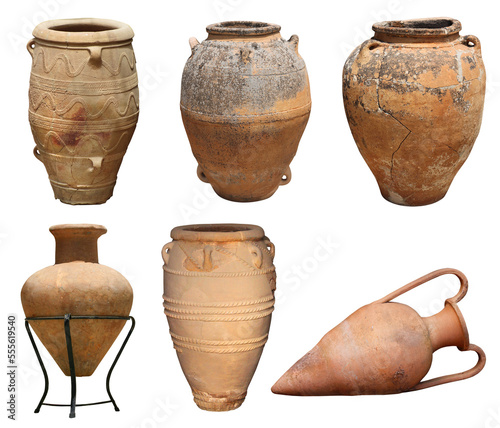 Ancient Greek Antique and Minoan authentic vase clay pots collection set isolated
