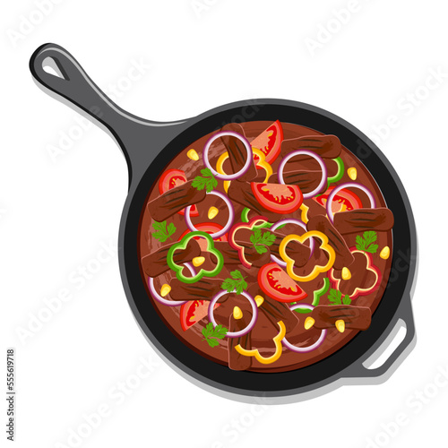 Beef fajitas with multicolored bell pepper in a black frying pan. Illustration of a traditional Mexican dish. Latin American cuisine. Fajitas.
