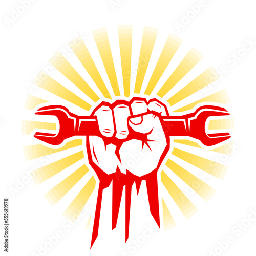 Happy labour day cticker with red fist with wrench on sunrise. Vector template for poster, greeting card on transpatent background