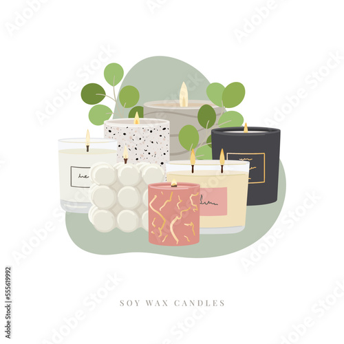 Illustration of scented burning candles. Soy wax candles with greenery, abstract shape. Aroma candles collection. Home aromatherapy, hygge decorative candles. Hand draw vector illustration