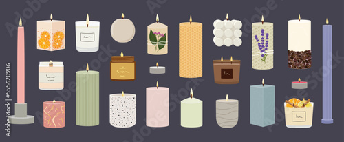 Set of scented burning candles. Beeswax, paraffin, soy, coconut wax candles in jar, containers, pillar.  Aroma SPA candles collection. Zero waste eco gifts. Hand draw vector illustration