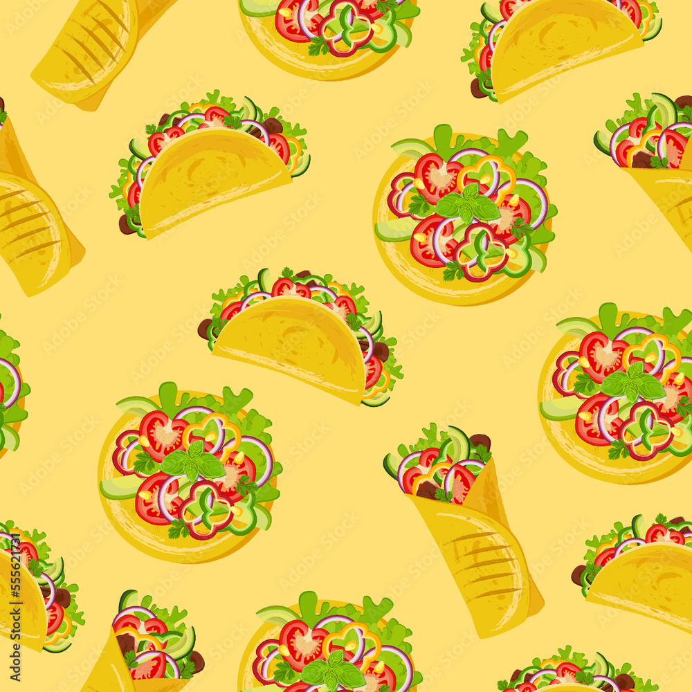Seamless pattern with tacos, burritos and tostadas.
