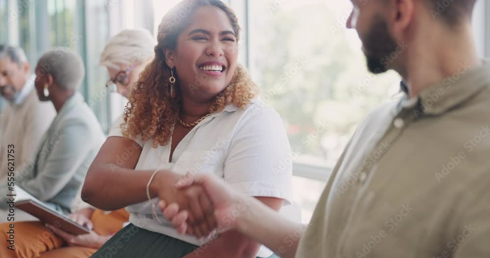 Handshake, hiring or people networking in waiting room before a recruitment job interview in an advertising agency. Partnership, relaxing or happy employees shaking hands, meeting or greeting in line