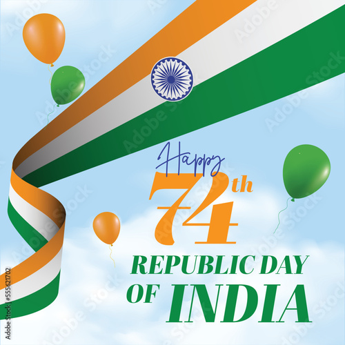 happy republic day of india. indian flag flying in sky with tri color balloons