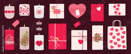 Set of romantic scented burning candles and gift boxes with flowers and hearts. Paraffin, soy wax candles in jar, pillar. Valentine s day aroma candles collection. Hand draw vector illustration