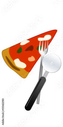 illustrazione con spicchio di pizza, forchetta e rotella per taglio su sfondo trasparente photo