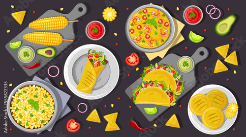 A combination of traditional Mexican dishes on the table, top view.