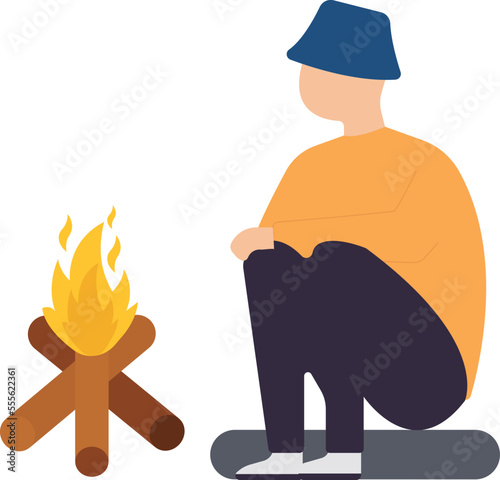 Man sitting near bonfire, People Sitting Near Campfire Set, Tourists Hiking Together and Resting at Winter Camp or Picnic
