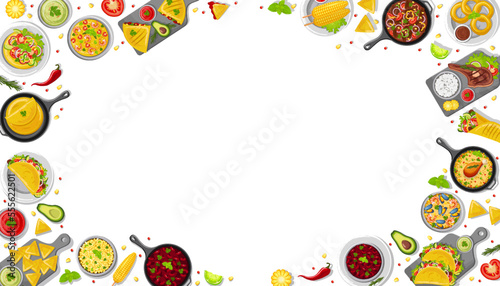 A combination of traditional Mexican dishes on the table, top view.