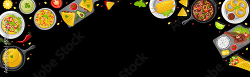 A combination of traditional Mexican dishes on the table, top view.