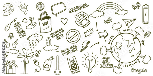Hand drawn of save earth renewable energy ecology doodle set elements.