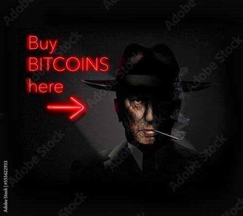 Φωτογραφία A neon sign indicates you can buy bit coins from a sinister looking and unreliable source in this 3-d illustration about bitcoin