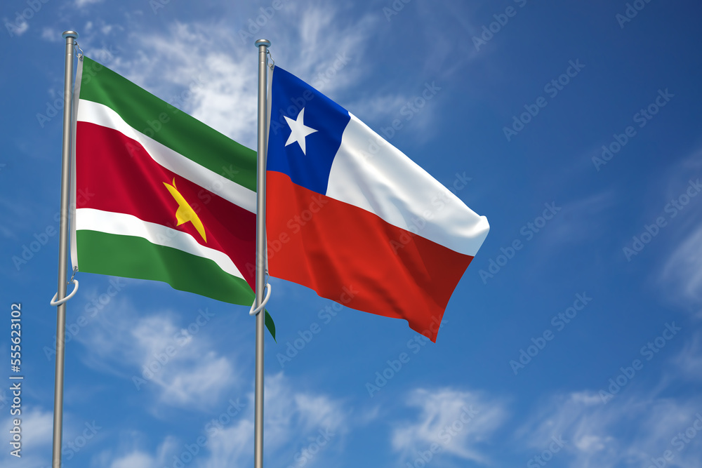 Republic of Suriname and Republic of Chile Flags Over Blue Sky Background. 3D Illustration Republic of Suriname and Republic of Chile Flags Over Blue Sky Background. 3D Illustration