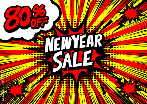 80%off New Year Sale retro typography pop art background, an explosion in comic book style.