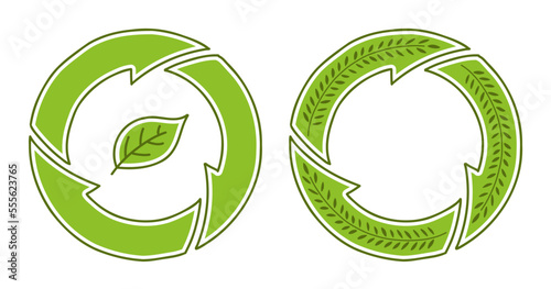 Hand drawn recycle icons, no protruding arrowheads, perfectly round compact design.
