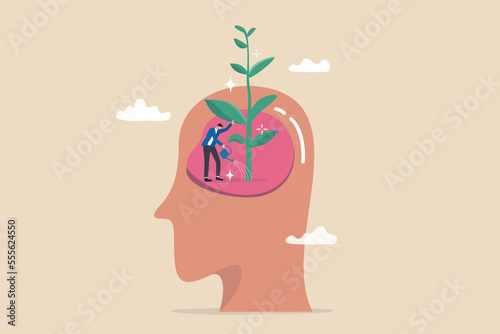 Growth mindset, personal development or improvement, training to believe to success, motivation or coaching, growing attitude concept, man watering on plantation seedling growing from head brain.