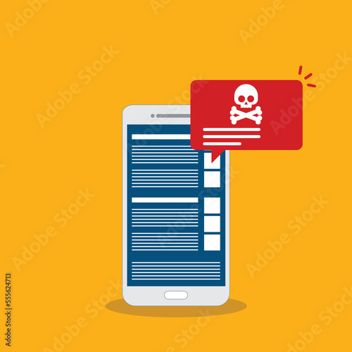 Malware , virus attack warning alert online on mobile cell phone, internet security threat.