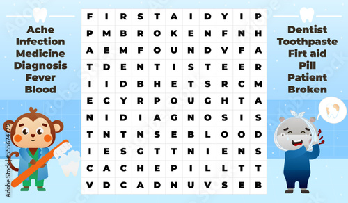 Medical word search game for kids with cute monkey dentist and hippo patient in hospital, funny puzzle for printable worksheets in cartoon style