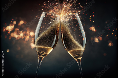 Zwei Gläser mit Champagner und Feuerwerk im Hintergrund, Generative AI 