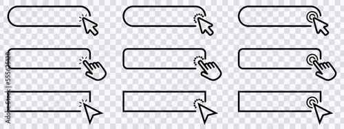 Click cursor set button with hand pointer clicking. Click here web button sign. Isolated website buy or register bar icon with hand finger arrow clicking cursor