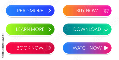 Set of vector modern material style buttons. Different gradient colors and icons on white forms with shadows
