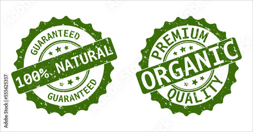 Green rubber stamp with text 100 percent. Organic natural product icon isolated on white background