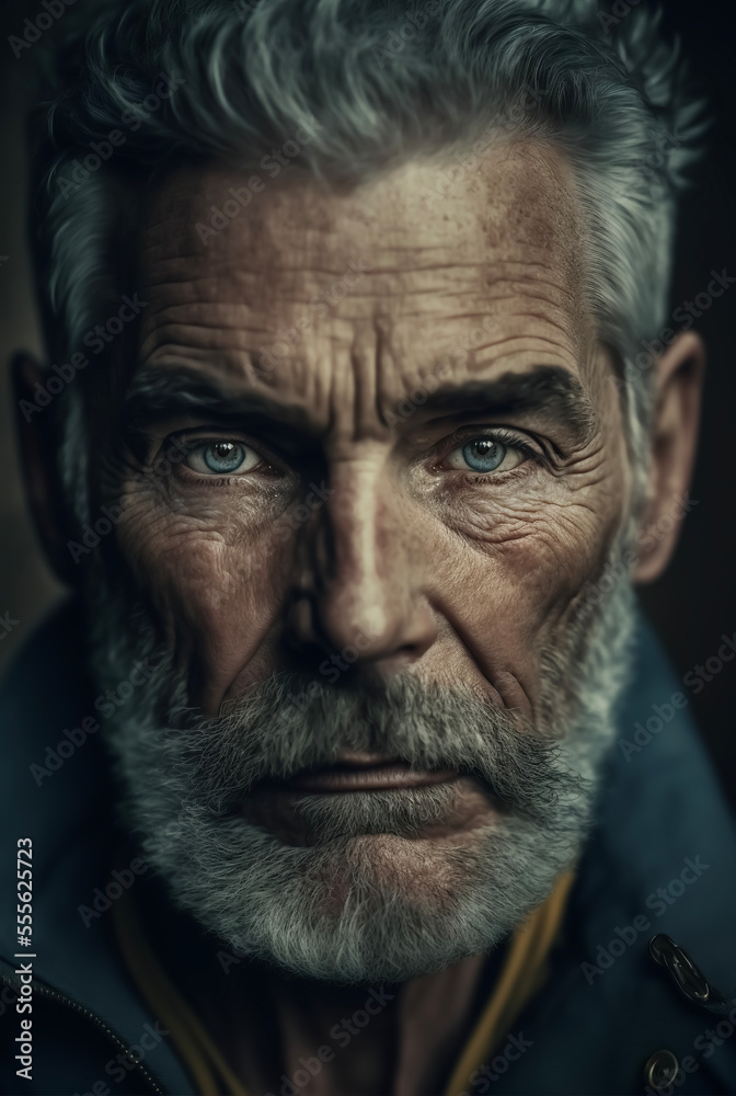 Portrait Mann mit Bart und Falten, ernster Gesichtsausdruck und intensiver Blick in Kamera