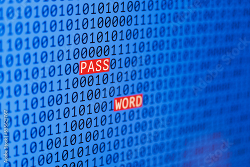 Finding a password in binary data. The word PASSWORD is written between zeros and ones. Selective focus, close-up.