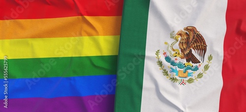LGBT and Mexican flags. Linen flag close-up. Rainbow flag. LGBT community. Mexico. Flag made of canvas. 3d illustration.