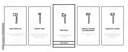 axe ax hatchet wood weapon onboarding mobile vector. tool equipment, blade lumberjack, tree, work forest, wooden steel, lumber sharp axe ax hatchet wood weapon illustrations
