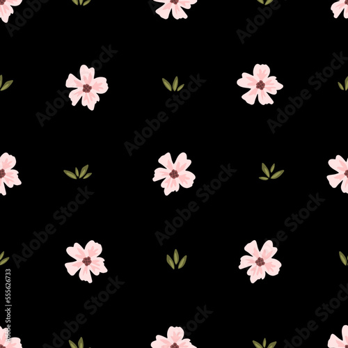 Simple floral vector seamless pattern. Delicate pink flowers  small green leaves on a black background. For prints of fabric  clothes  textiles. Dark background.