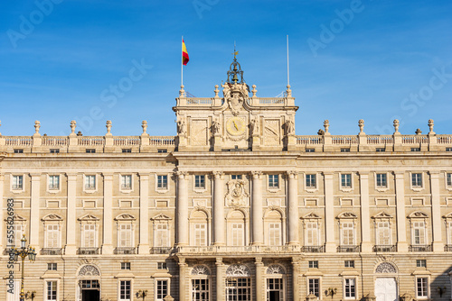 The main facade of the Madrid Royal Palace in Baroque style, in the past used as the residence of the King of Spain, Plaza de la Armeria, Community of Madrid, Spain, southern Europe.