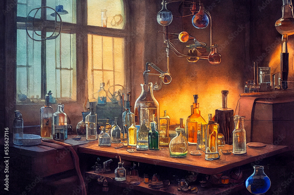 Medieval science laboratory. Fantasy lab with different glassware and solutions, generative ai illustration Medieval science laboratory. Fantasy lab with different glassware and solutions, generative ai illustration