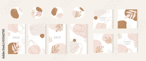 Insta template post and stories. Story templates and highlights covers vector set. Social media background design with floral and hand drawn organic shapes. Abstract minimal trendy style set.