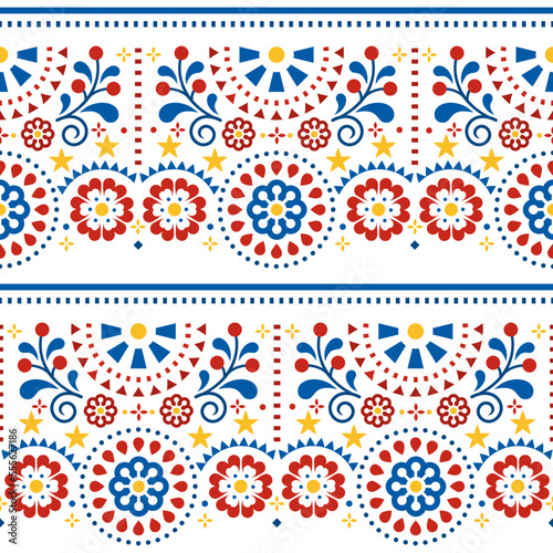Mexican folk art vector  design with flowers, seamless pattern in yellow, red and blue - wallpaper, textile or fabric print
