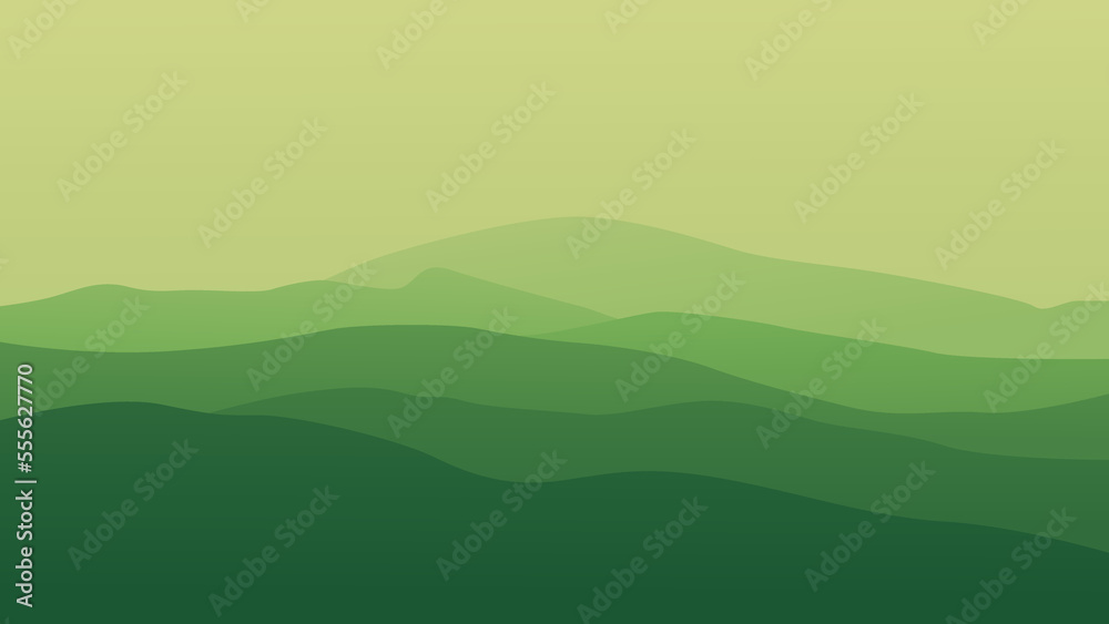Meadows in the mountains. Green color. Vector illustration. Suitable for website, social media, desktop, wallpapers, postcards.