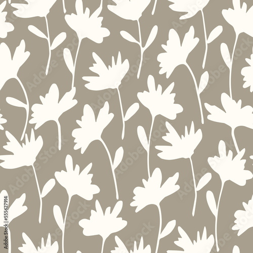 Simple delicate calm floral vector seamless pattern in pastel colors. Light flowers on a stem on a gray background. For printed fabrics, textiles, boho decor.