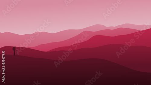 Silhouette of a man against the backdrop of high mountains. Viva magenta color background. Background for the site, social networks, desktop, wallpapers, postcards.
