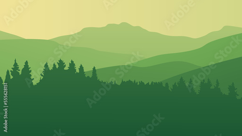 Forest in the mountains. Shades of green. Vector illustration. Suitable for website, social media, desktop, wallpapers, postcards.