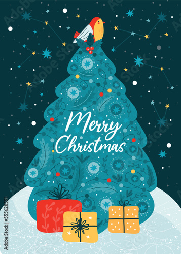 Ornate decorated Christmas tree with gifts in snowy clearing. Winter forest on starry night. Merry Christmas and happy New Year card, banner, poster with greeting text. Colorful vector illustration.