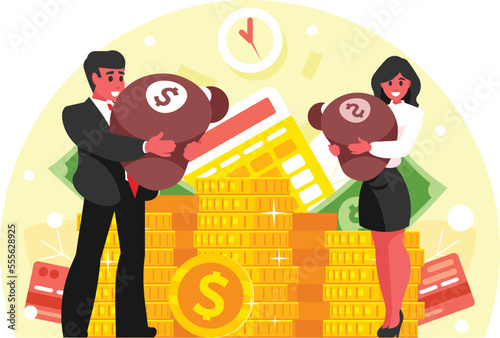 Rich business people. Stacks of gold coins and dollar banknotes. Capital accumulation concept. A businesspeople holds a bag of money in his hands. Financial success. Vector graphics