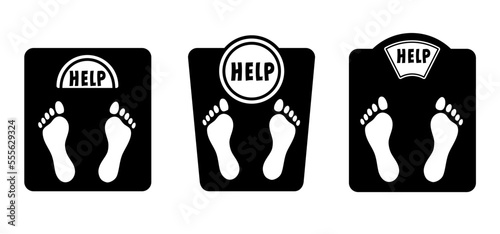 Help, calories.. Diet scale or weighing scale. Balance concept. Vector fitness sport pictogram. Bathroom weight scale icon. World diabetes day. People on unhealthy with overweight. obesity.