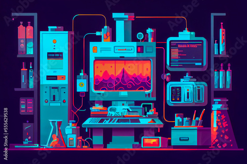 Futuristic scientific laboratory, biology and chemistry research lab, experiment and study room, generative ai illustration in flat style