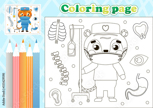 Medical coloring page for kids with cute tiger doctor in mask and with medical instruments, health care theme for worksheets